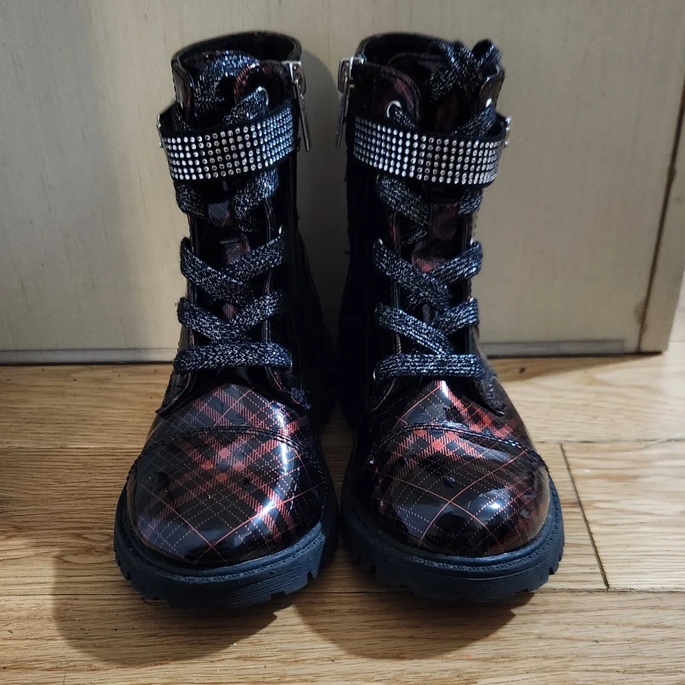 Jessica Simpson Lace Up Boots Zipper Plaid Bedazzle Size 12 Combat Boot